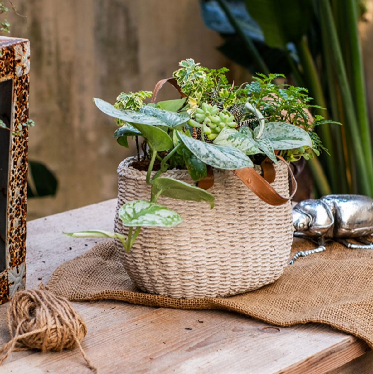 Straw Bag with Faux Leather Handles Cement Planter